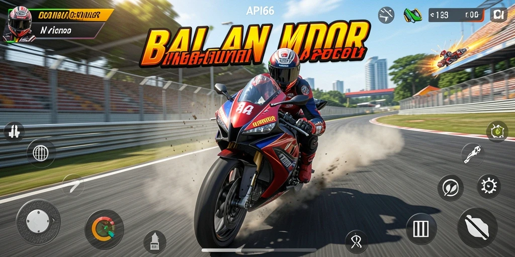 Screenshot gameplay balapan motor yang mendebarkan.