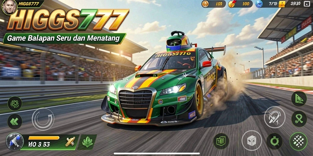 Screenshot HIGGS777 menampilkan aksi balapan seru dengan mobil cepat di trek menantang.