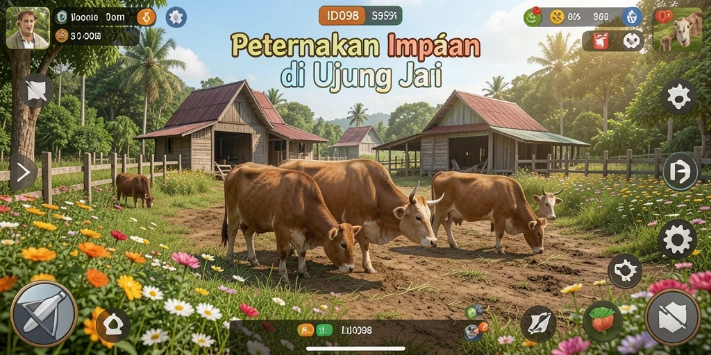 Screenshot ID098 menunjukkan pemain sedang bercocok tanam di ladang yang luas.