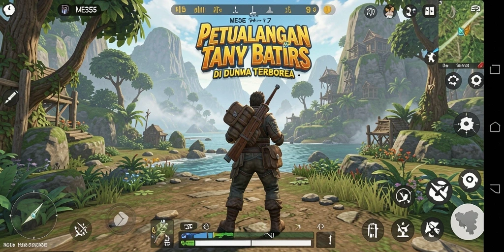 Screenshot utama ME355 menampilkan aksi eksplorasi di dunia terbuka.