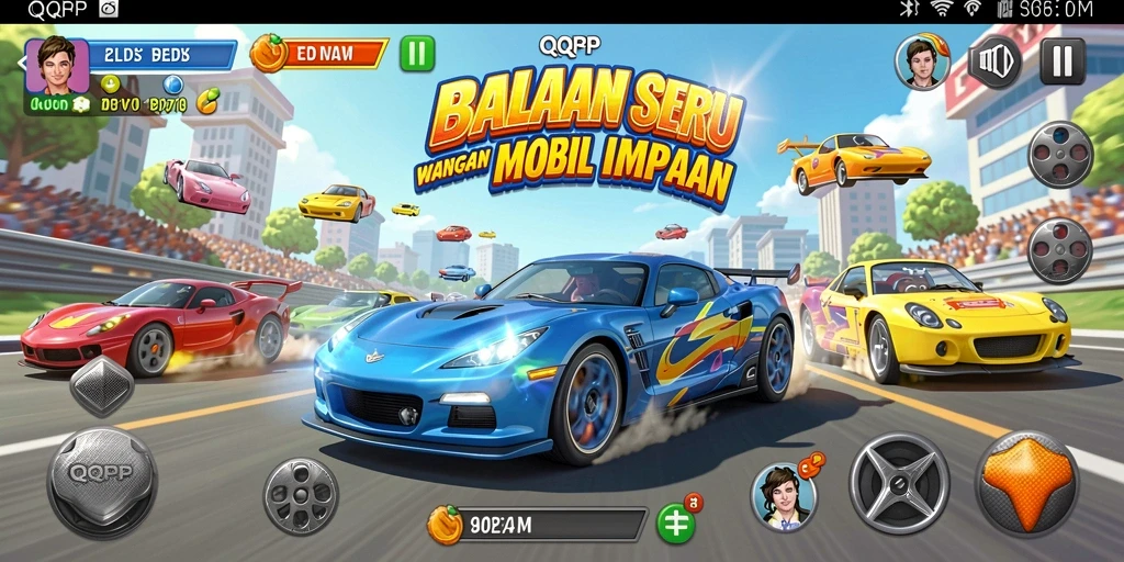 Tampilan gameplay balapan yang seru dalam QQRP, lengkap dengan mobil cepat.