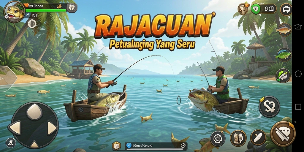 Tampilan gameplay RAJACUAN saat menangkap ikan di danau.