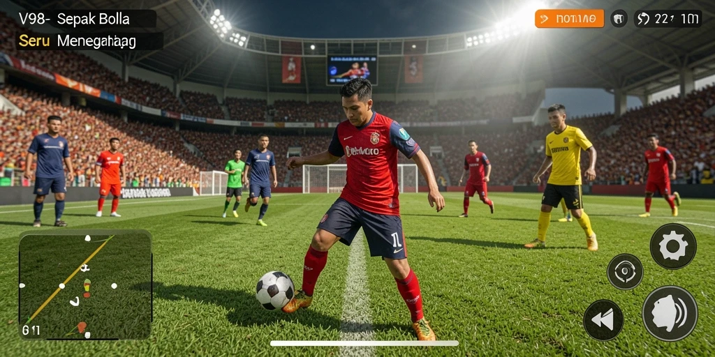 Gameplay seru V98 dengan aksi sepak bola yang mendebarkan.