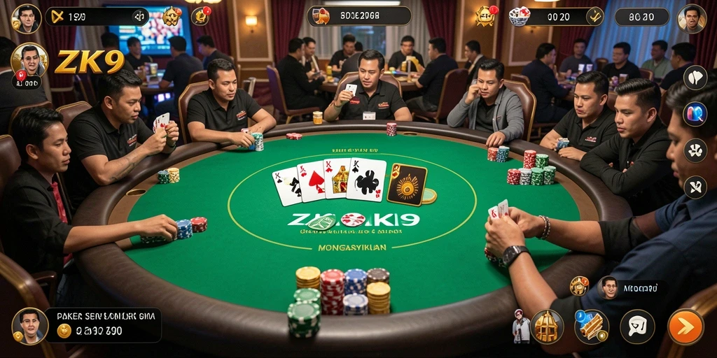 Screenshot ZK9 menampilkan suasana permainan poker yang seru.